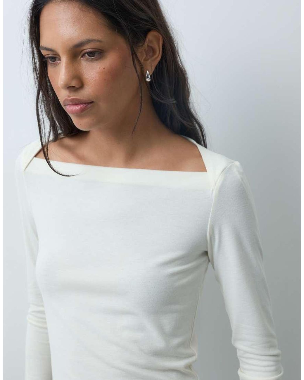 Mango Gray Square Neck Long Sleeve T-Shirt