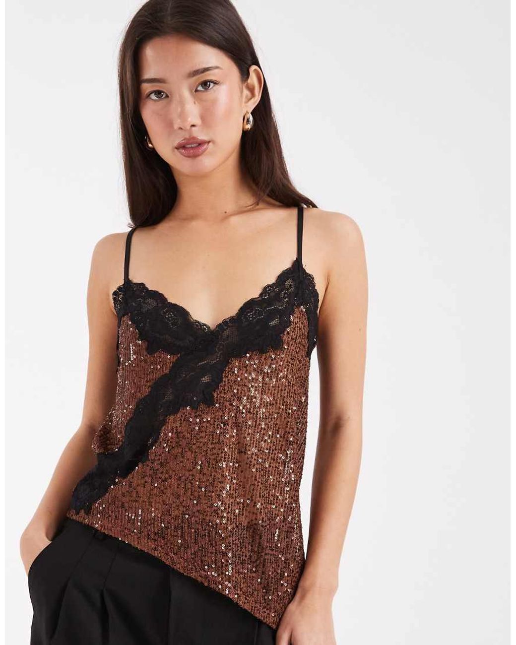 ASOS Black Asymmetric Sequin Cami With Lace Trim