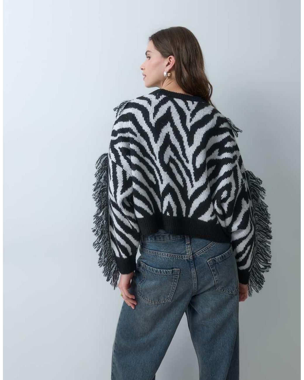 ASOS Gray Knitted Zebra Print Jumper With Fringe