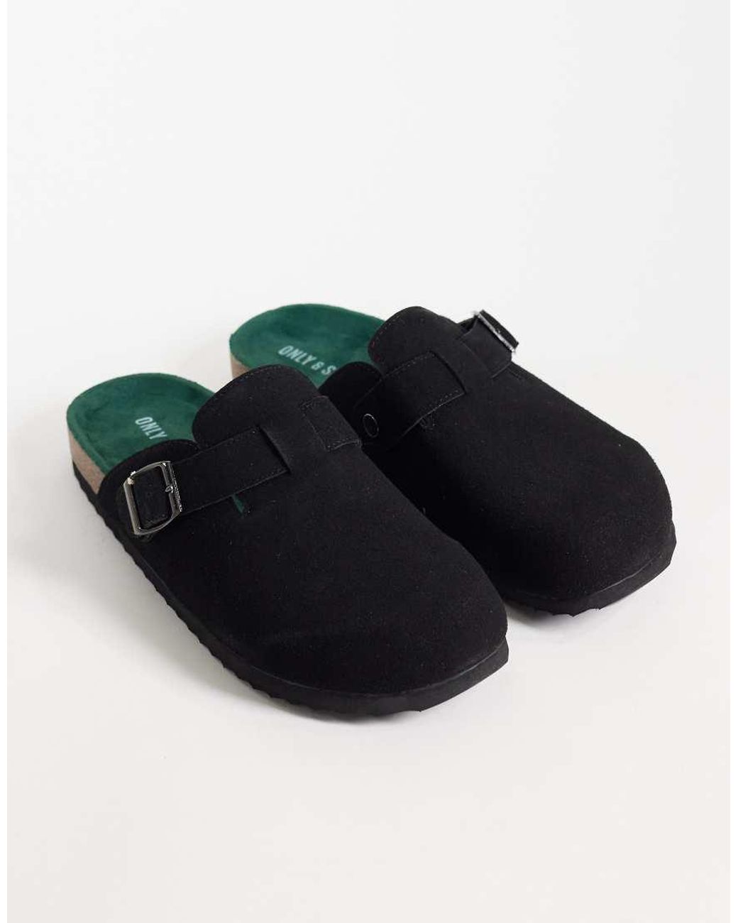 Only & Sons Black Faux Suede Clogs With Buckle for men