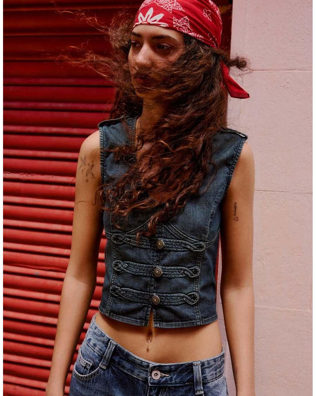 Bershka Red Button-up Denim Gilet