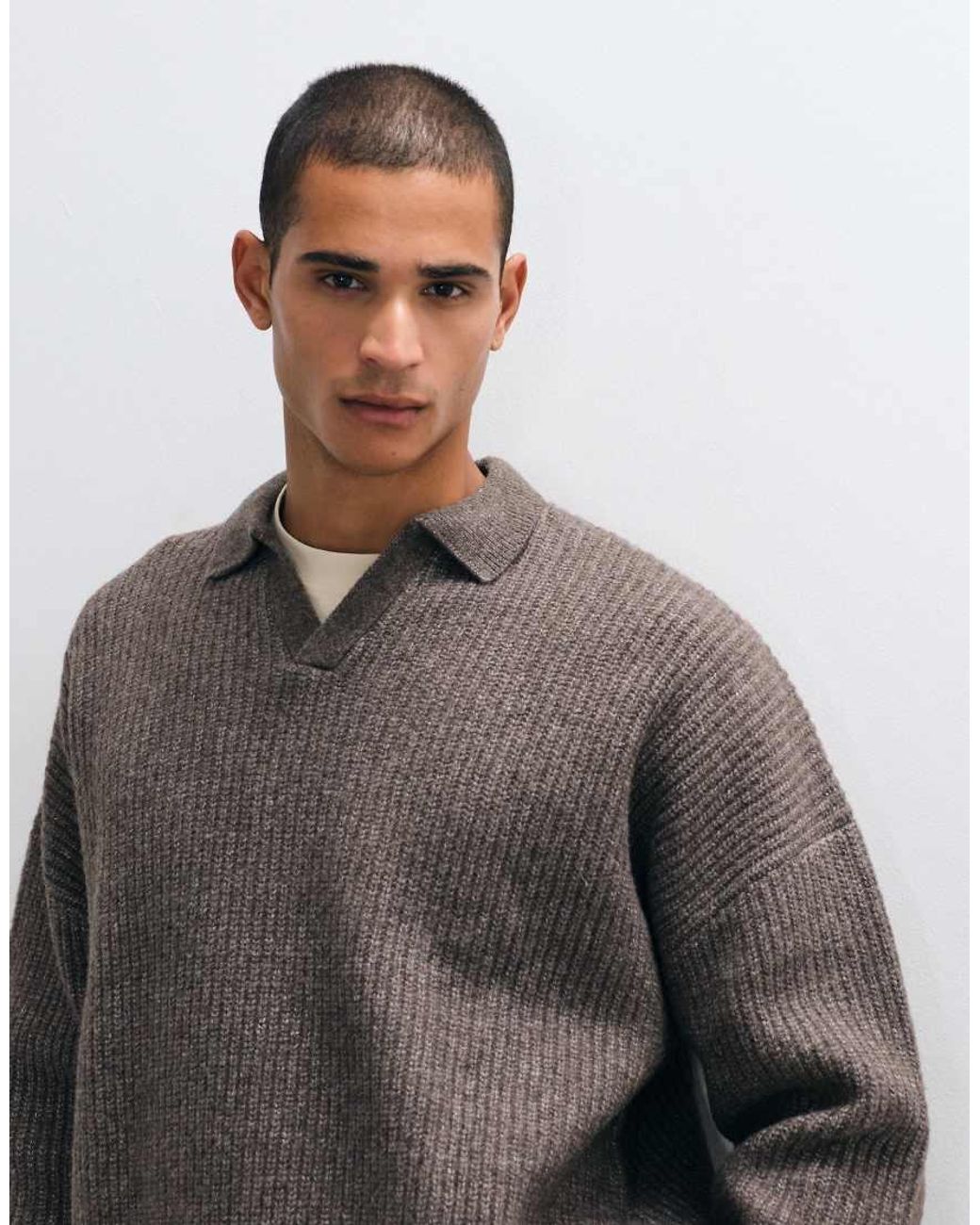 ASOS Gray Super Oversized Knitted Wool Blend Rib Notch Neck Jumper for men