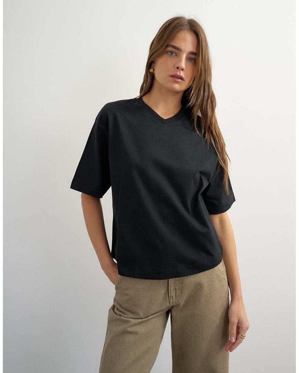 TOPSHOP Black Micro V Short Sleeve T-shirt