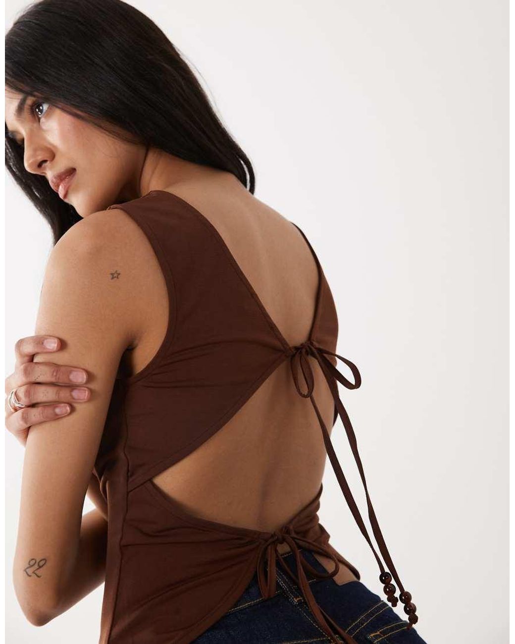 Miss Selfridge Brown Tank Top With Beaded Back Tie Detail