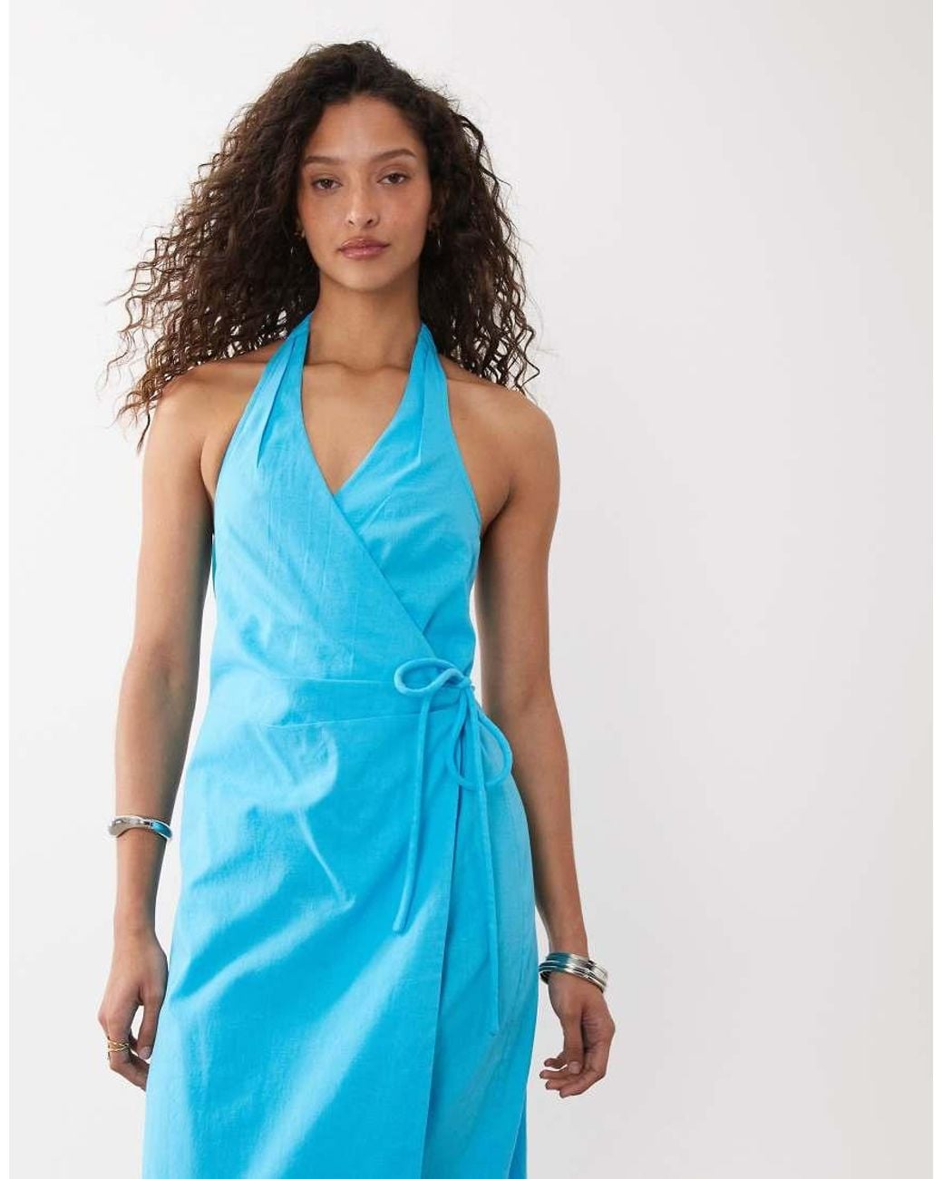 ASOS Blue Cotton Linen Halter Neck Wrap Maxi Sundress