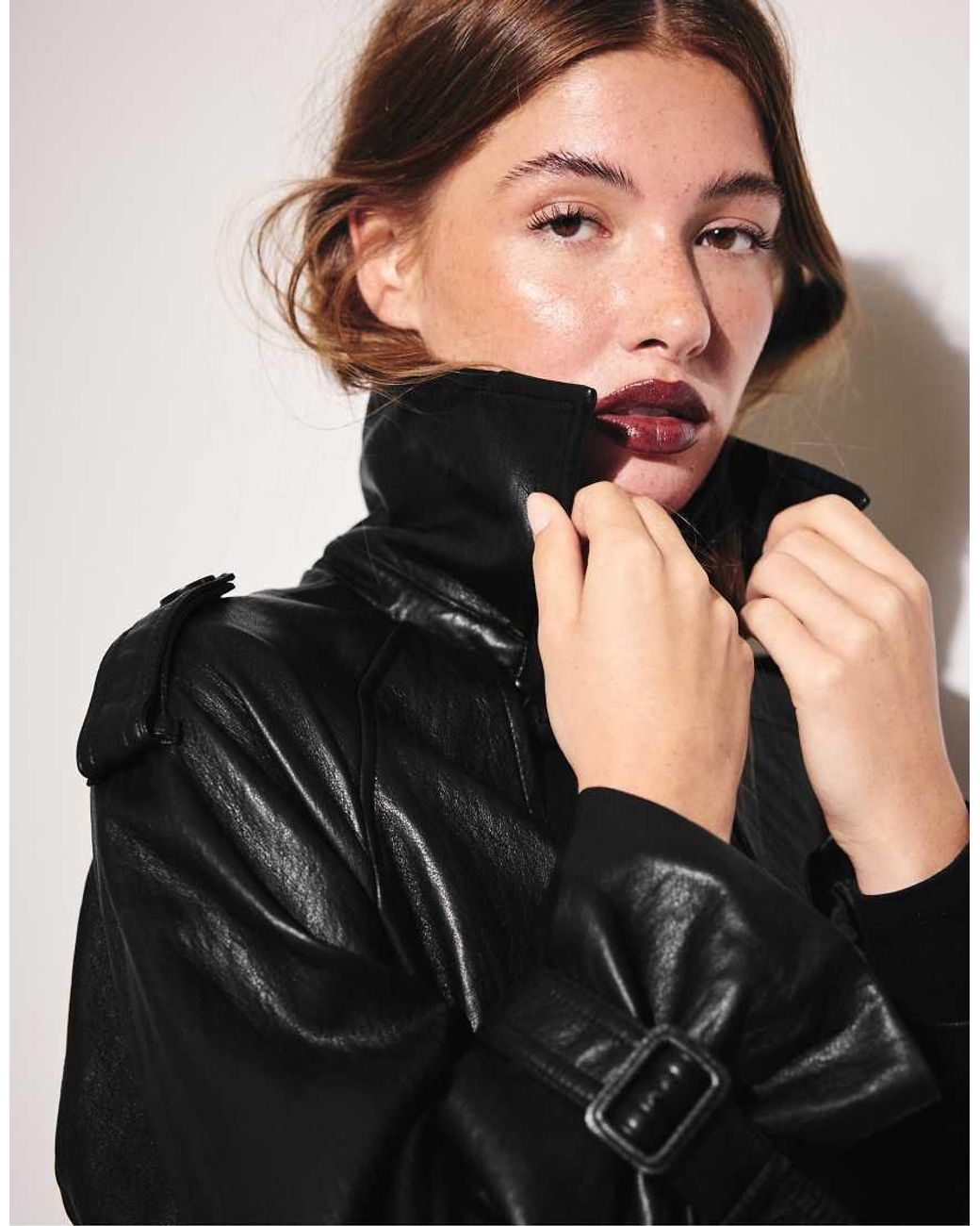 Stradivarius Black Leather-effect Cropped Trench Coat