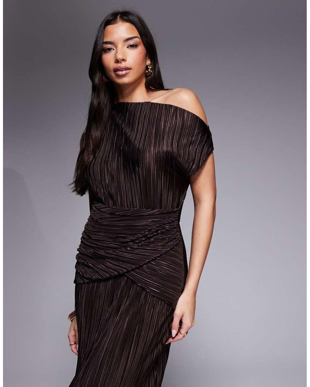 ASOS Brown Plissé Fallen Shoulder Pencil Maxi Dress With Twisted Waist Detailing