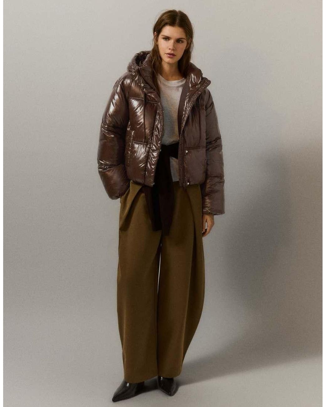 Pull&Bear Brown Cropped Puffer Jacket With Hood
