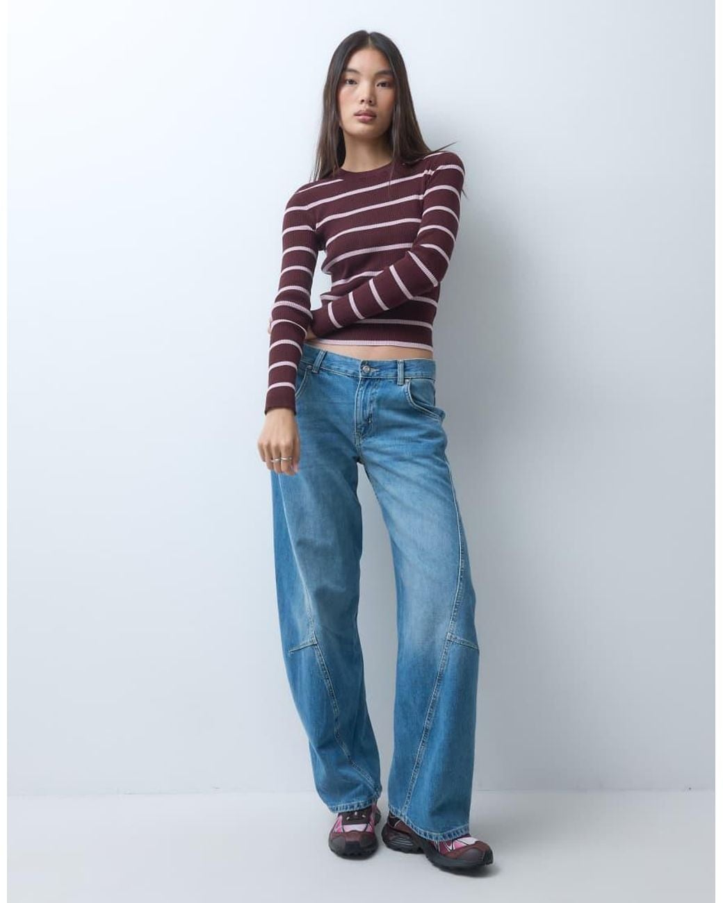 Monki Blue Long Sleeve Rib Knit Top