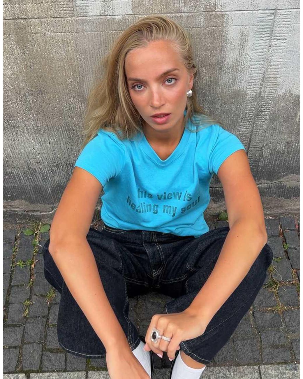 Bershka Blue Short Sleeve Print T-Shirt