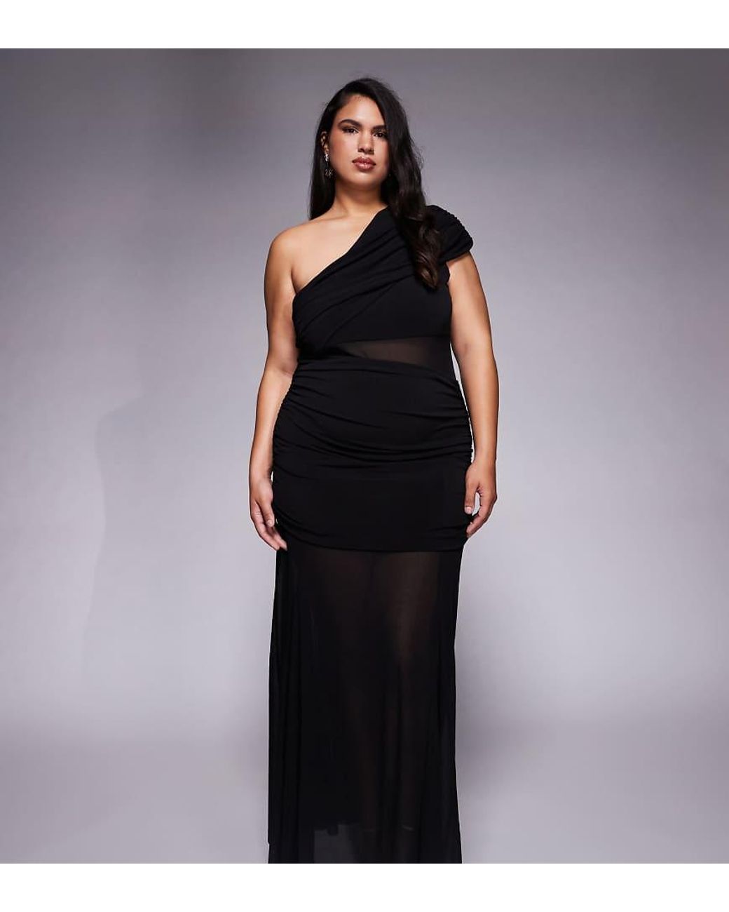 Forever New Black Forever New Plus One Shoulder Mesh Waist Panel Sheer Skirt Maxi Dress