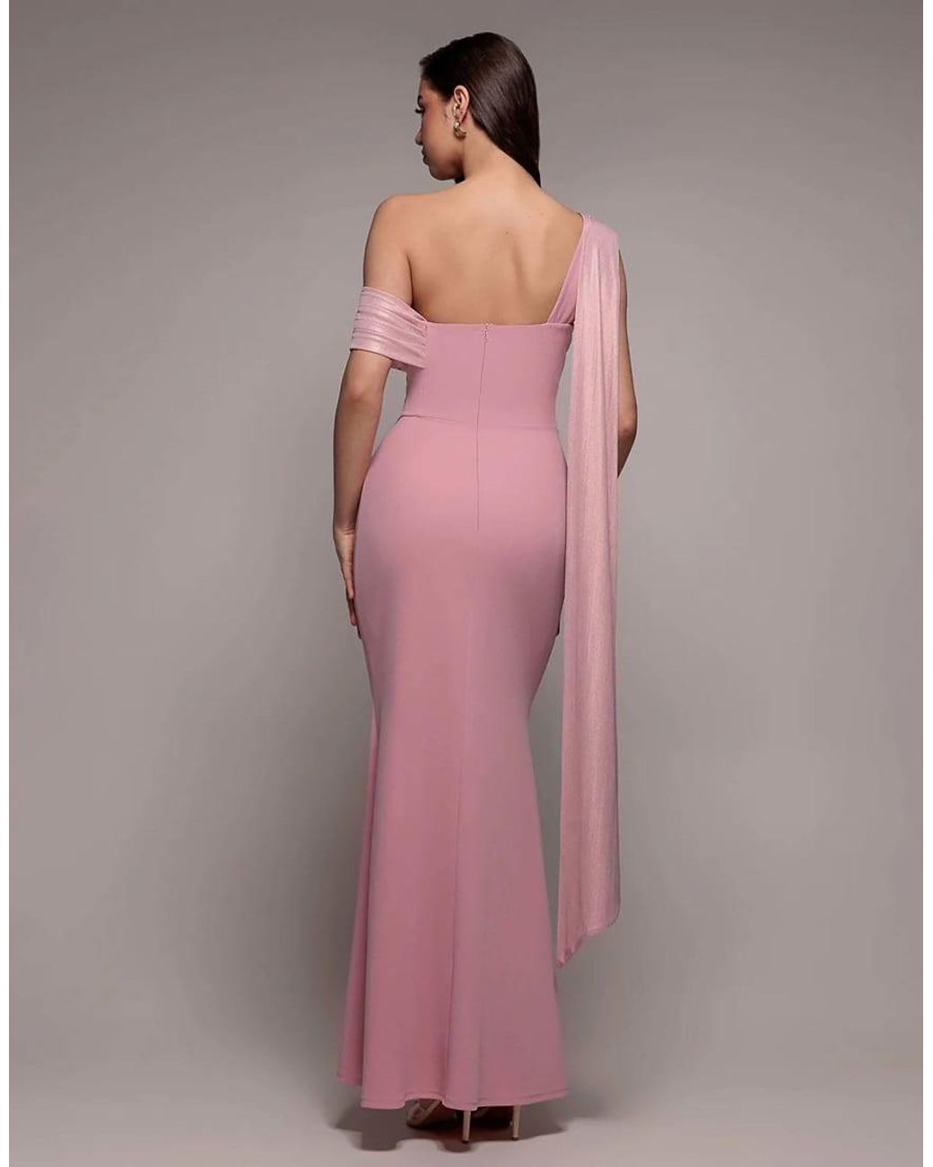 Goddiva Pink Sparkling Pleated Bardot One Shoulder Cape Maxi Dress