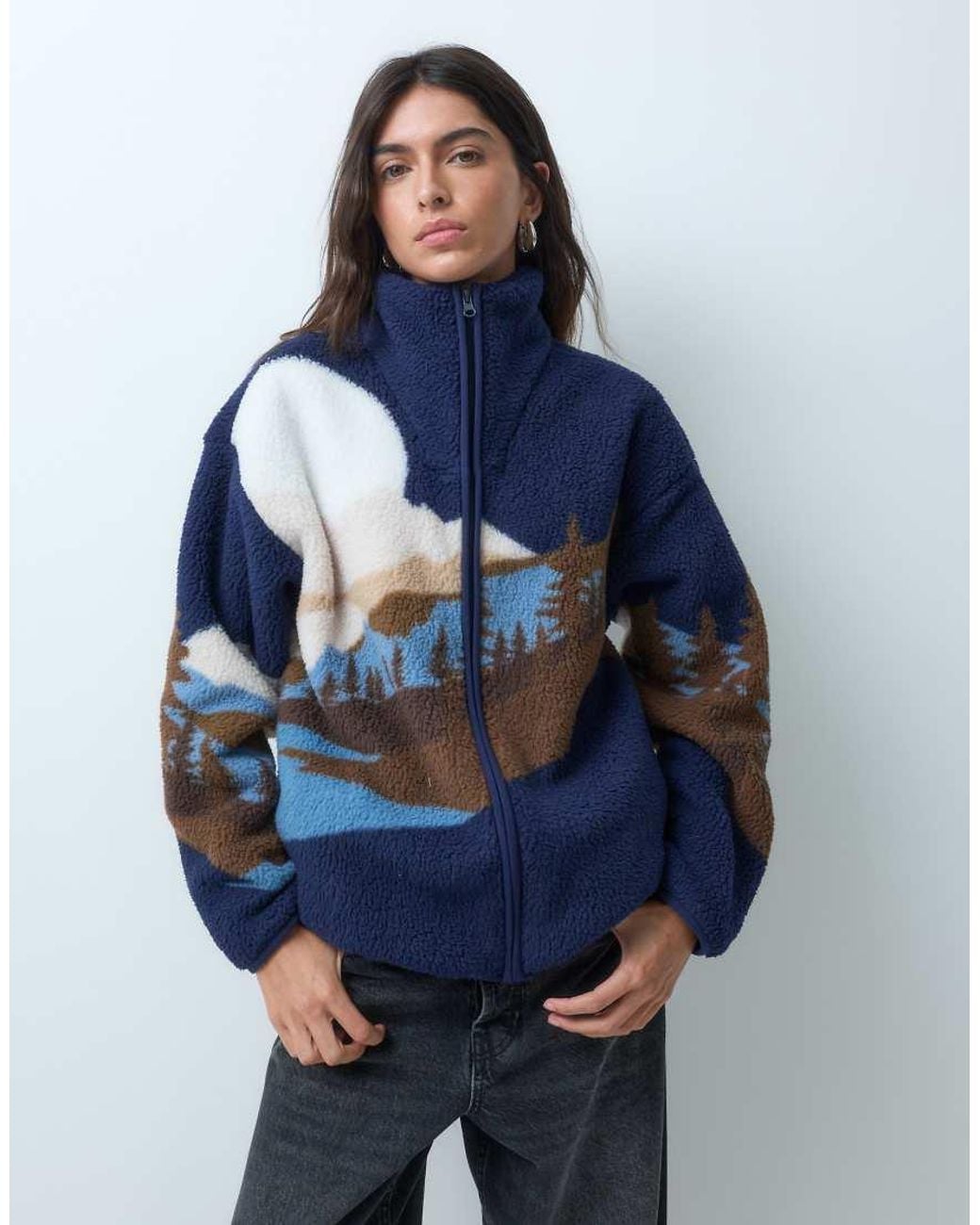 Brave Soul Blue Zip Through Fleece With Landscape Graphic Print