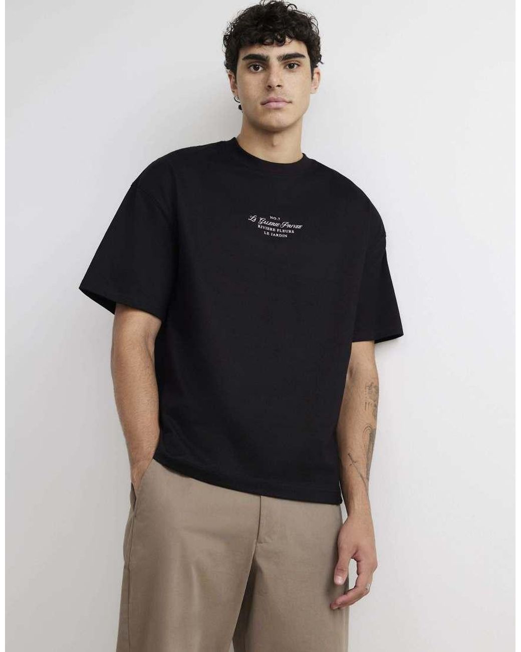 River Island Black Cotton Floral Print T-Shirt for men
