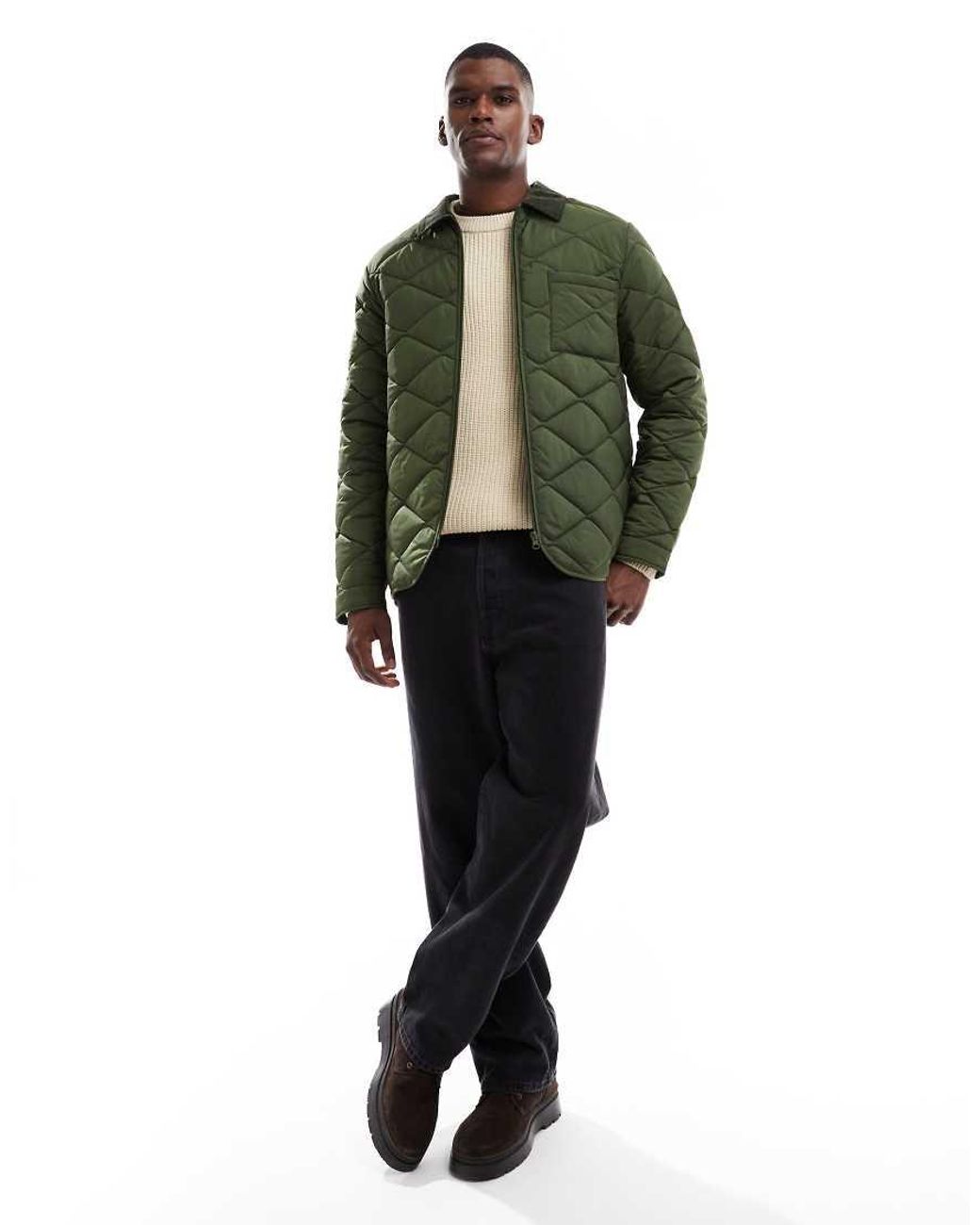 New Look Green Cord Collar Quilted Jacket for men