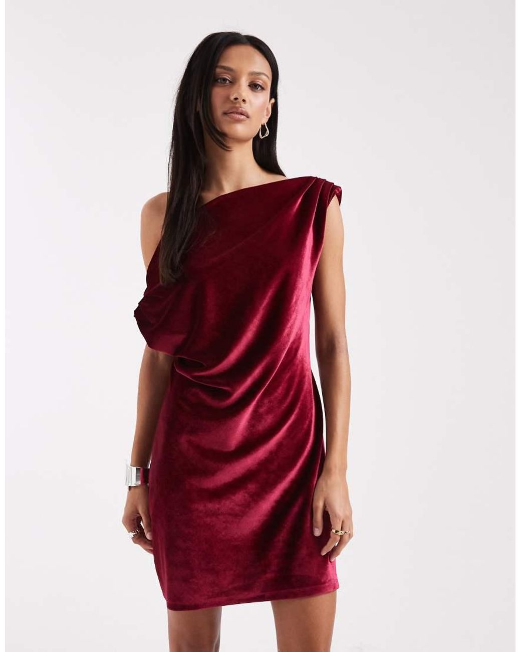 ASOS Red Velvet Drape One Shoulder Mini Dress