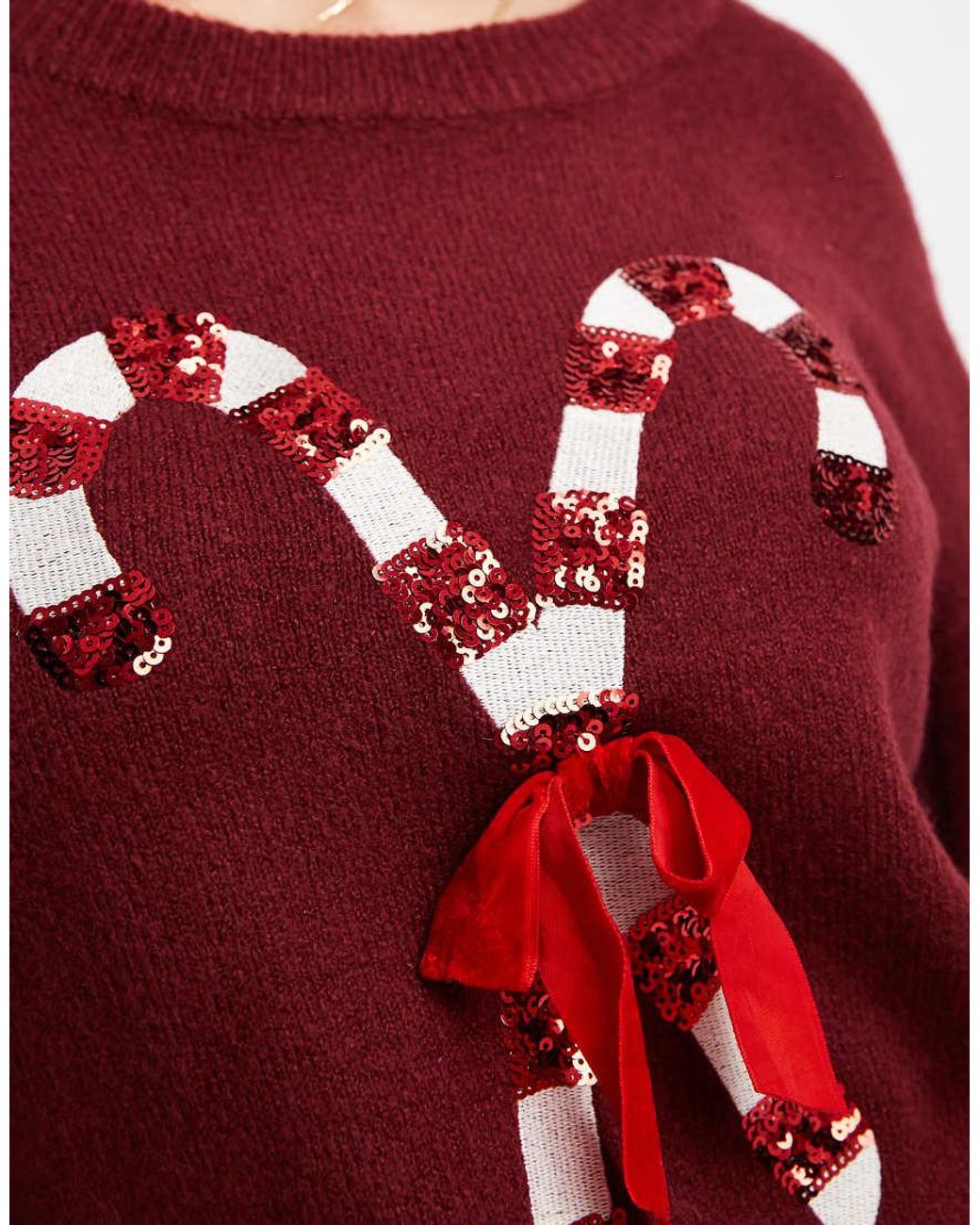 Brave Soul Red Oversized Christmas Jumper With Sequin Candy Cane Detail