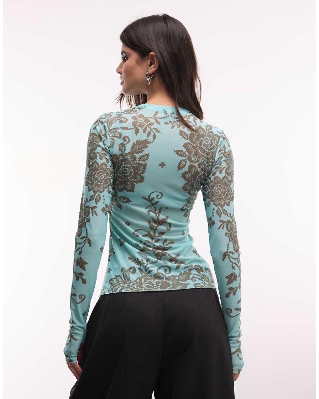 AFRM Blue Kaylee Mesh Crew Neck Long Sleeve Top