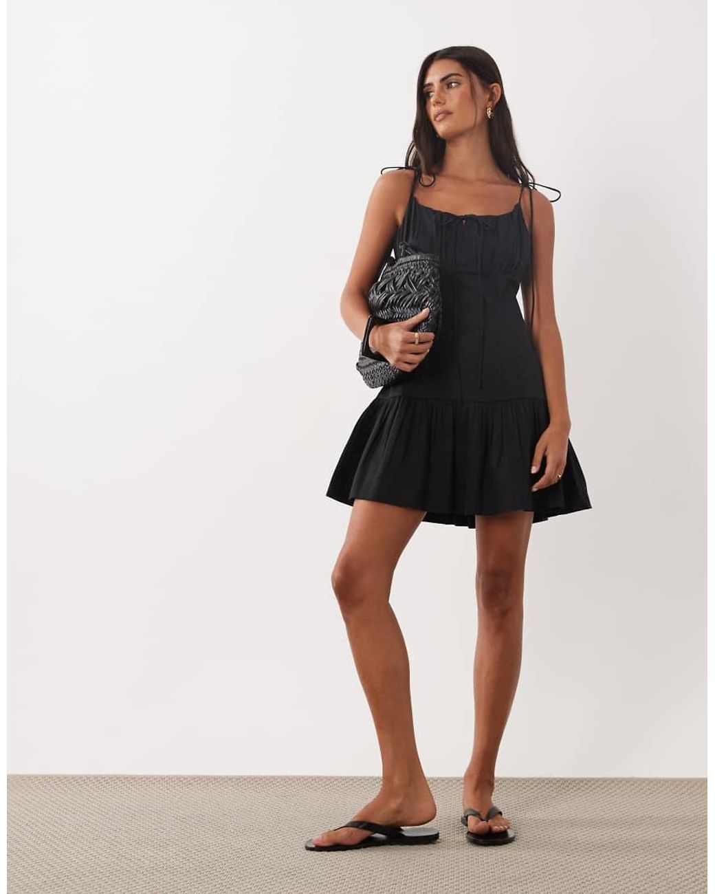 ASOS Black Structured Cotton Sateen Tie Bust Dropped Waist Mini Sundress