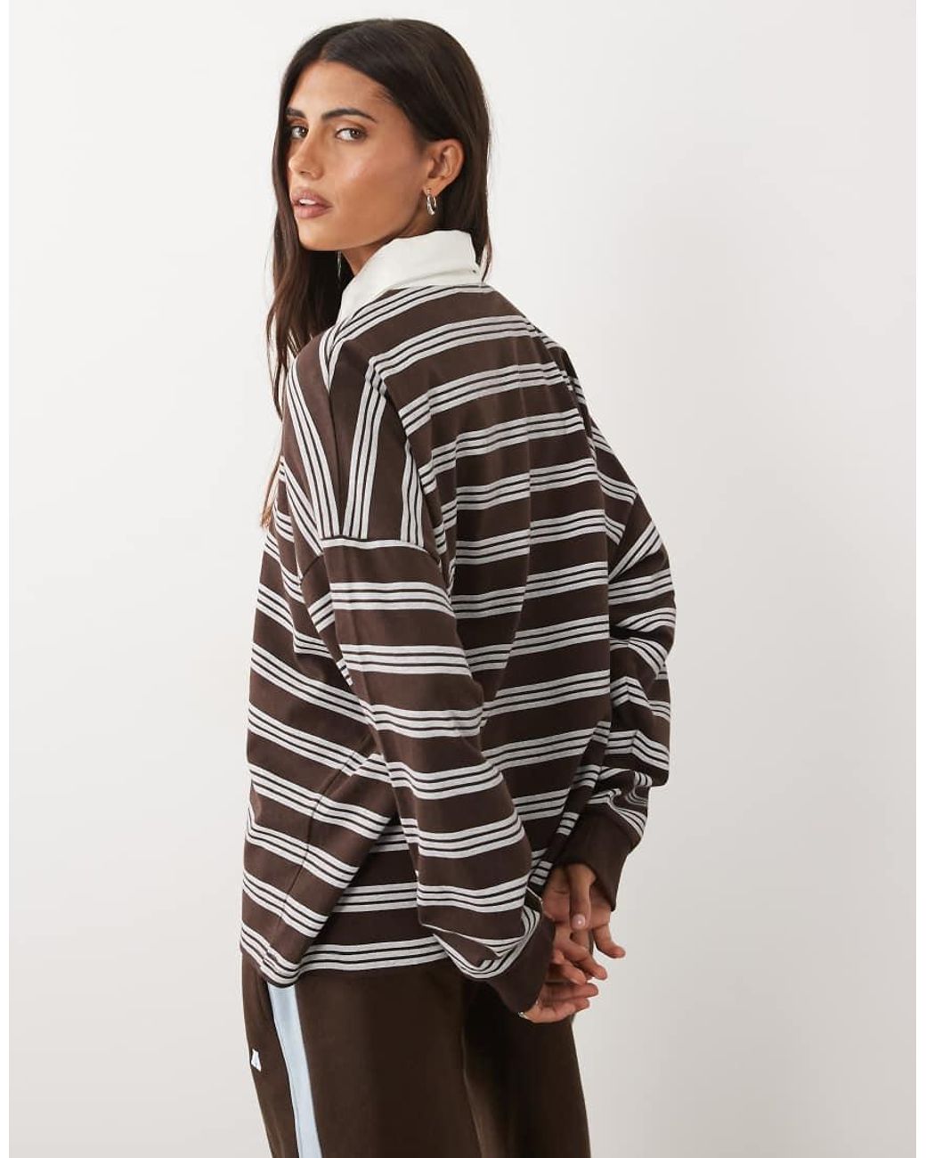 Kaiia Multicolor Cotton Oversized Collared Long Sleeve Rugby Top