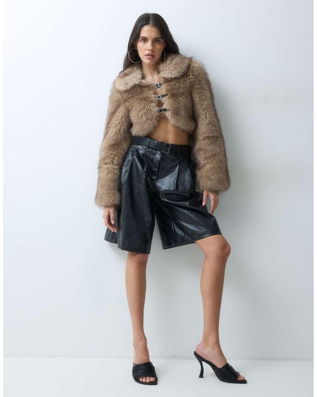 I.AM.GIA Brown Ash Oversized Buckle Detail Cropped Faux Fur Jacket