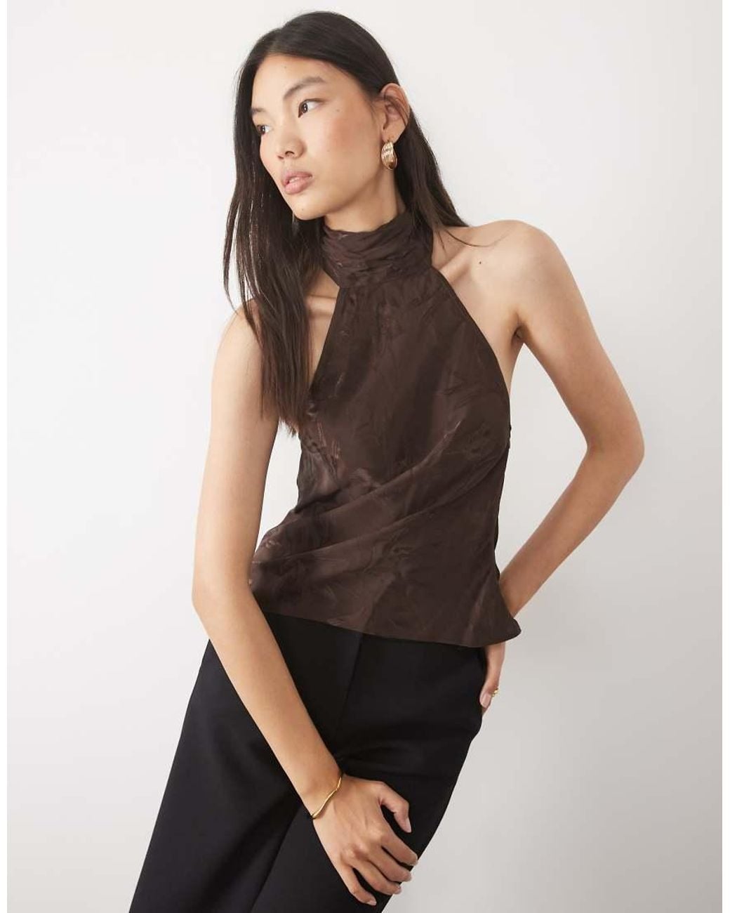 ASOS Black Satin Jaquard High Neck Top With Fringe Detail