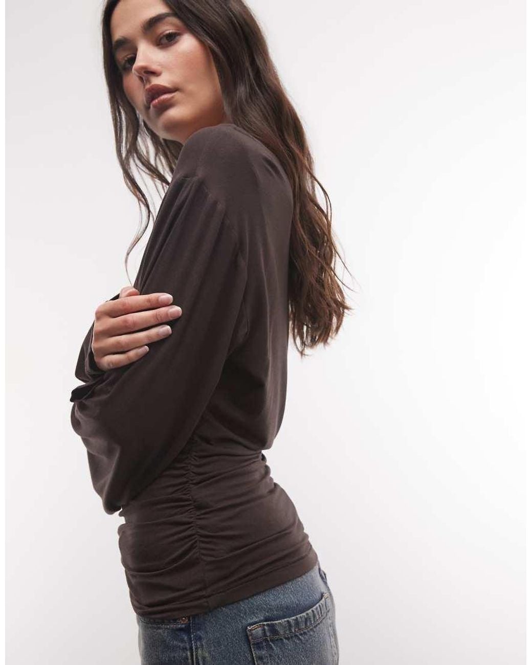 Monki Brown Off Shoulder Long Sleeve Top