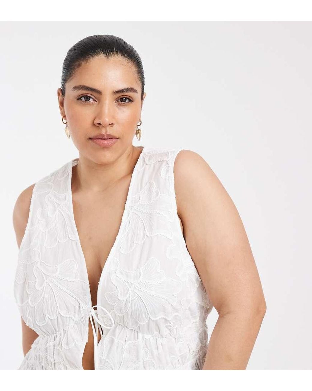 Vero Moda White Floral Embroidered Tie Front Peplum Hem Blouse