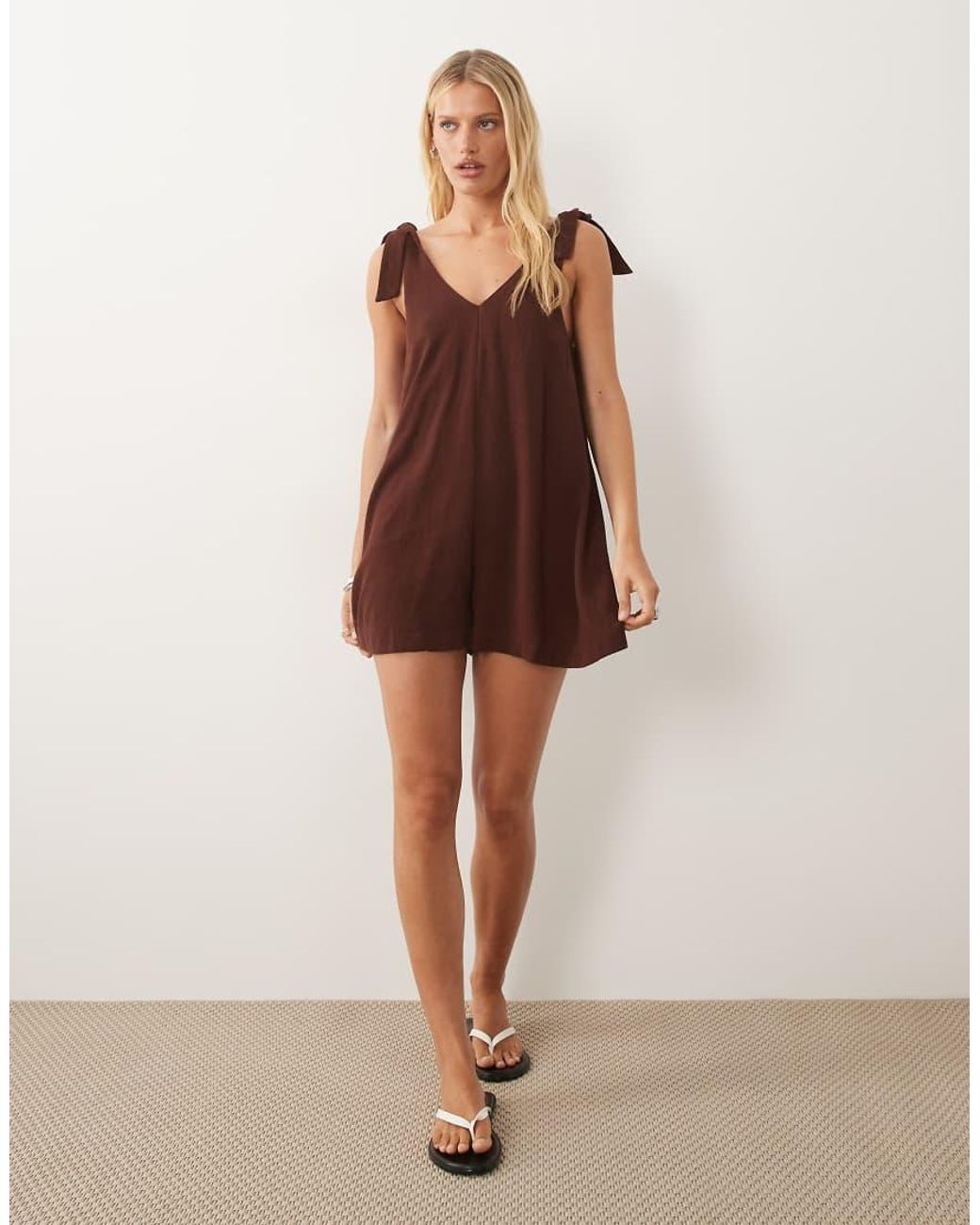 Miss Selfridge Brown Linen Look Tie Shoulder Playsuit