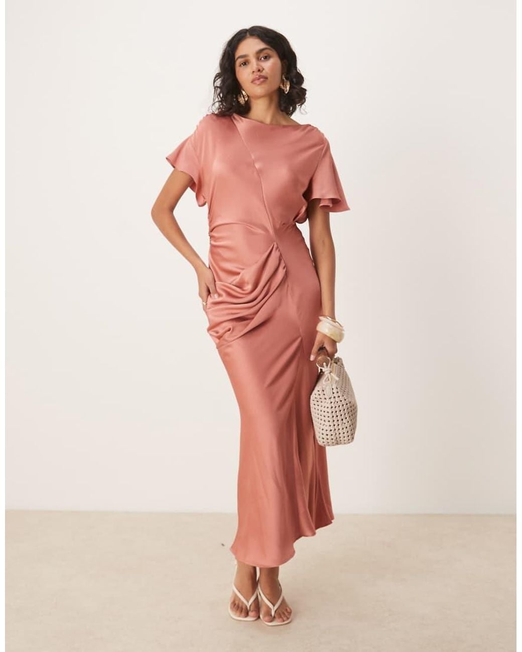 ASOS Pink Satin Flutter Sleeve Maxi Dress