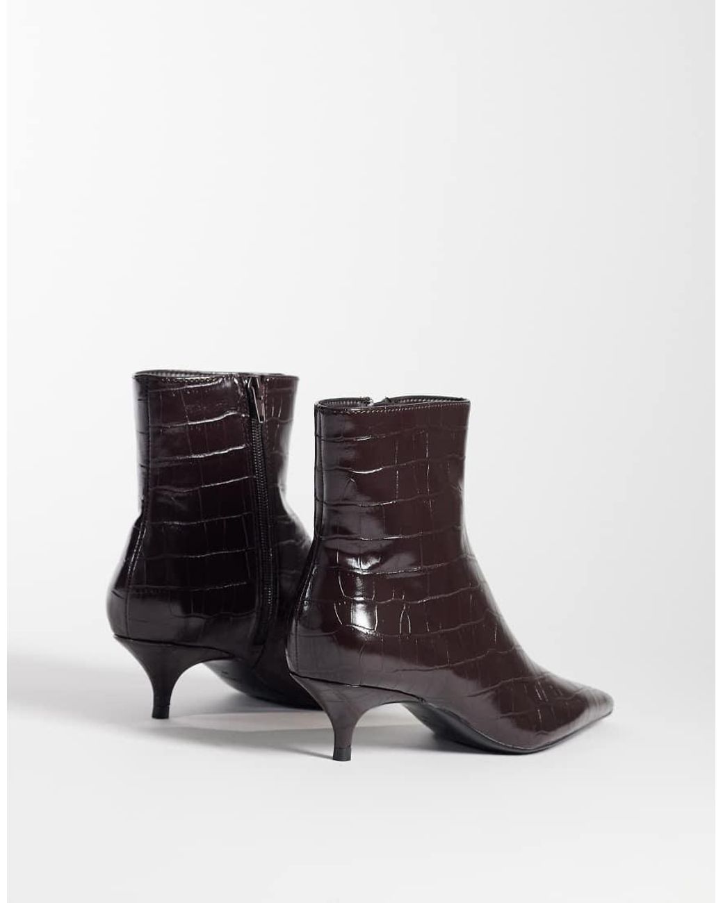 Mango White Faux Leather Croc Look Kitten Heeled Ankle Boot