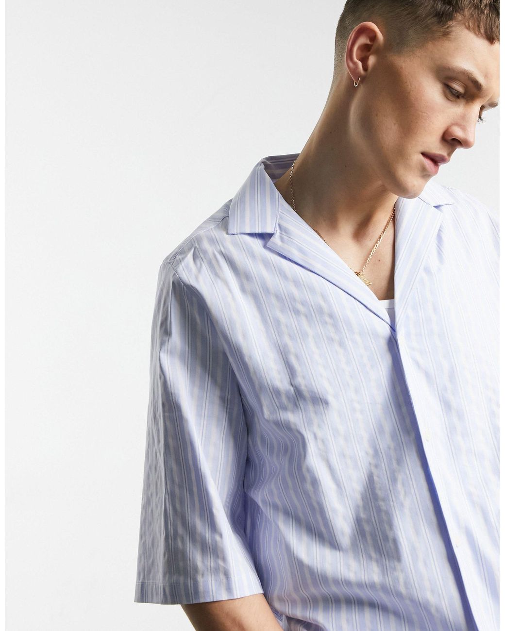 ASOS Relaxed Half Sleeve Shirt With Deep Revere Collar in Blue for Men