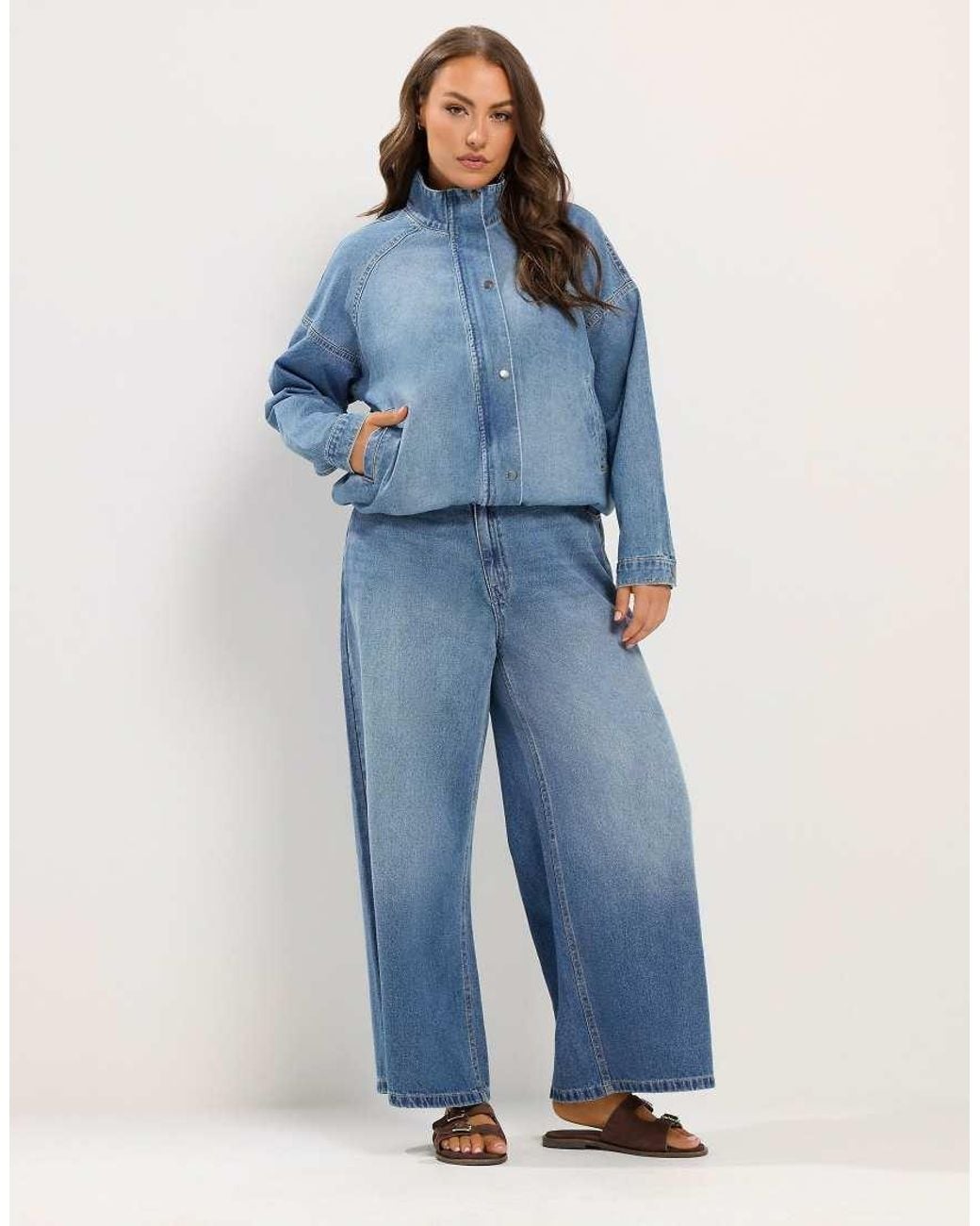Yours Clothing Blue Denim Funnel Neck Bomber Jacket