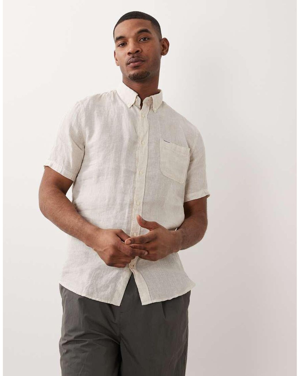 Barbour Natural Linton Short Sleeve Linen Tailored Logo Shirt for men
