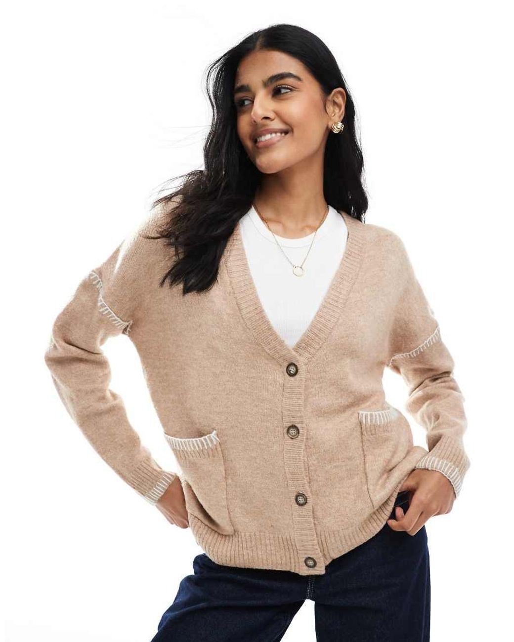 Brave Soul Natural Contrast Stitch Button Through V-Neck Cardigan