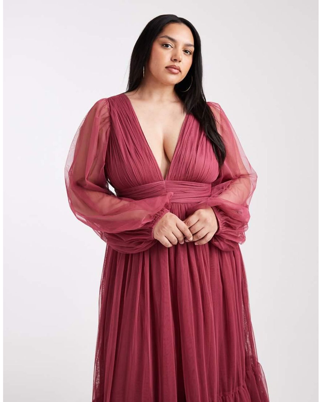 Lace & Beads Plus Red Bridesmaid Madison Long Sleeve Maxi Dress