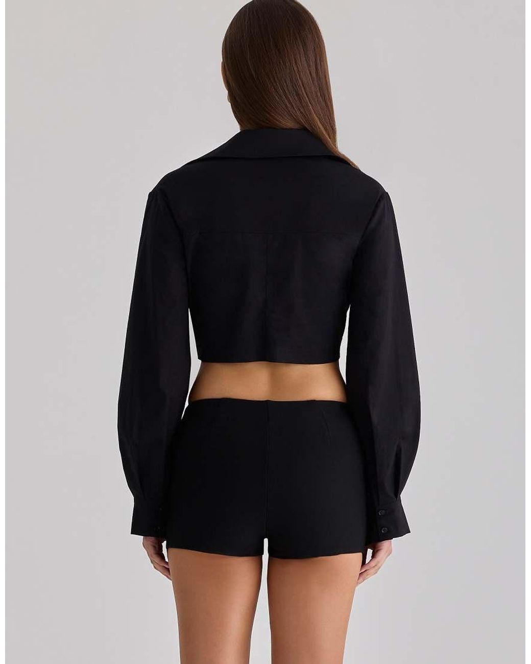 House Of Cb Blue Ivara Long Sleeve Cropped Cotton Shirt
