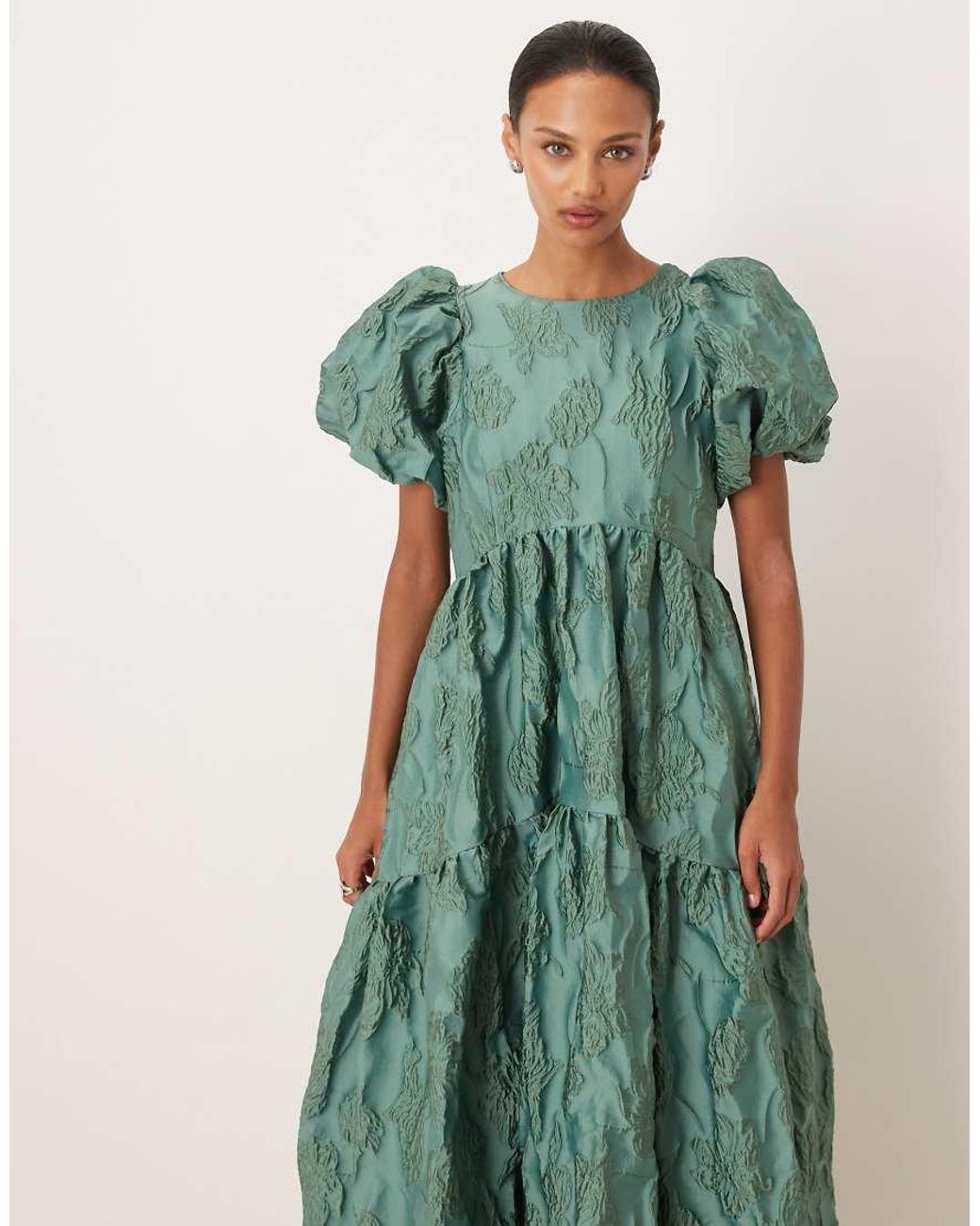 Sister Jane Green Harmonia Jacquard Puff Sleeve Midi Dress