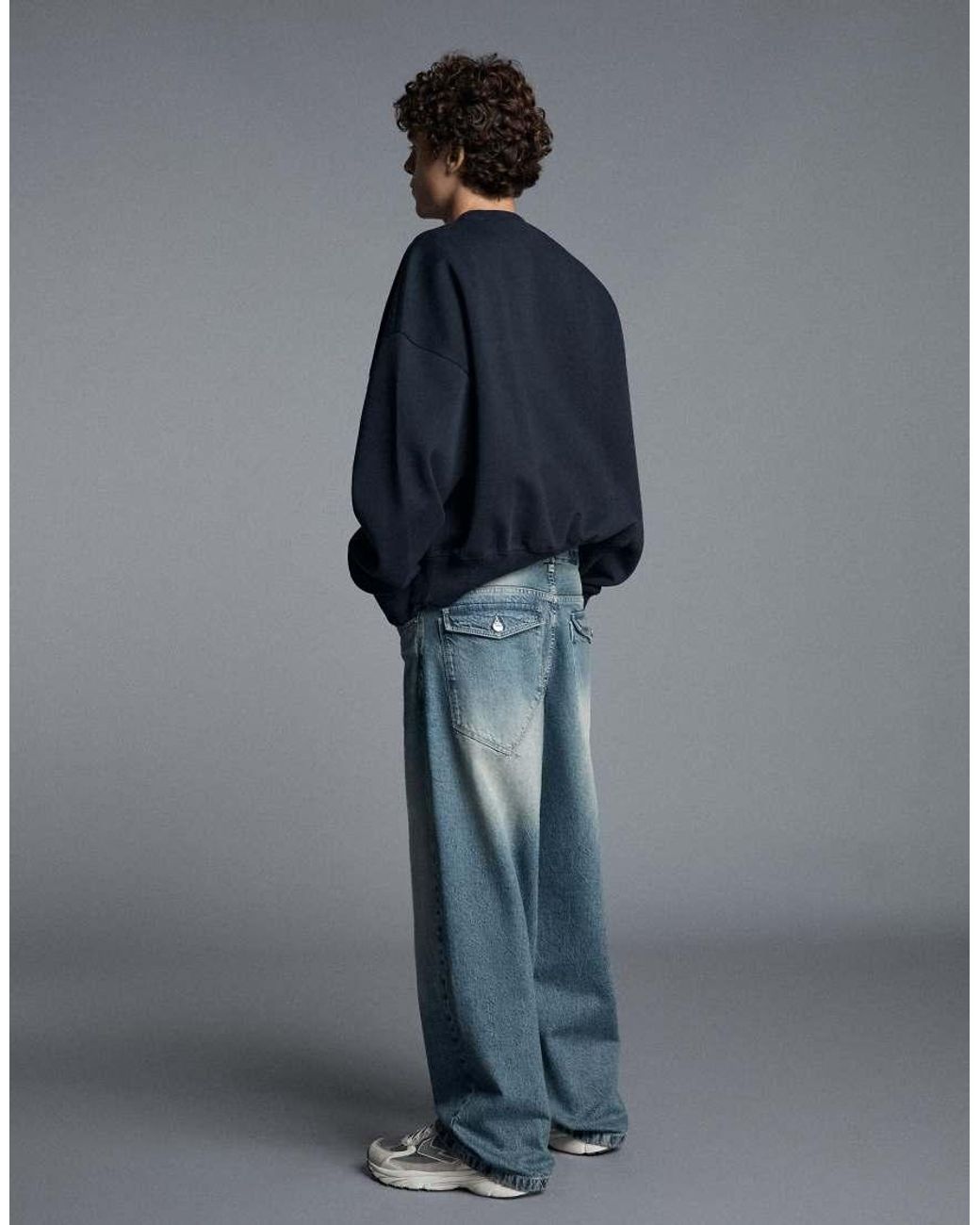 Bershka Blue Neobarrel Jeans With Back Buckle for men