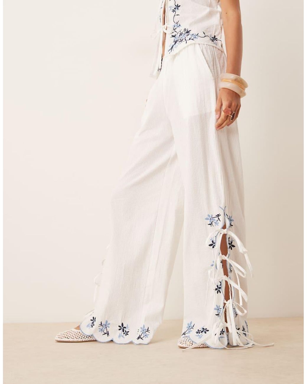 Neon Rose Natural Tie-side Embroidered Trousers Co-ord