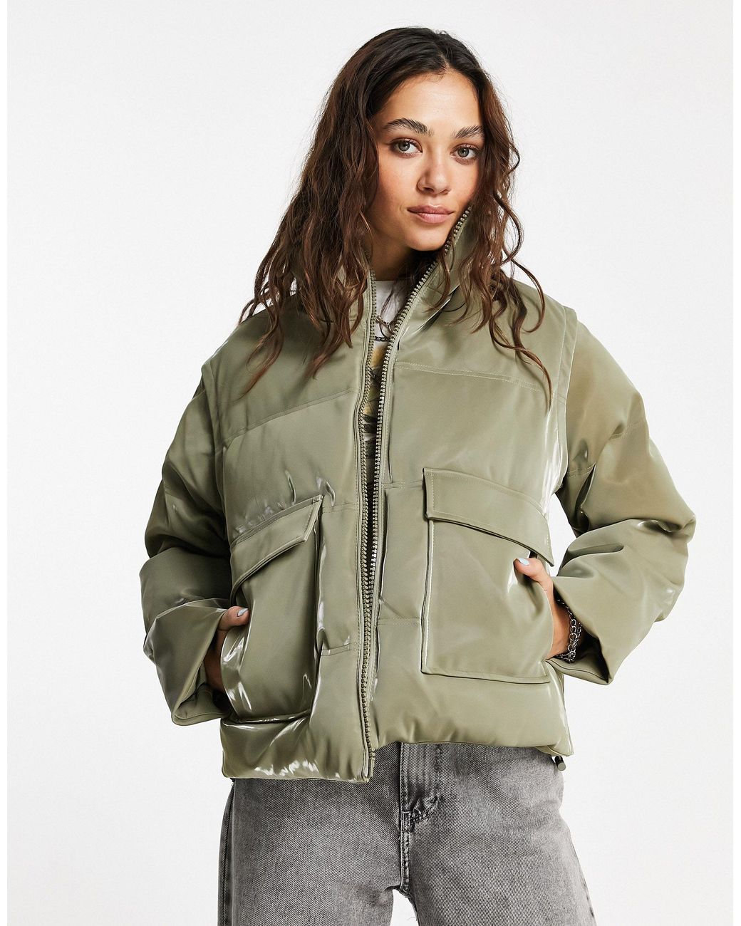 TOPSHOP Sheen Puffer Jacket With Removeable Sleeves in Green Lyst