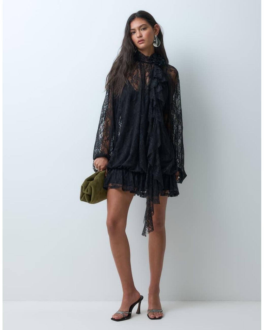 ASOS Blue Lace Dropped Waist Mini Dress With Corsage And Blouson Sleeve Detail
