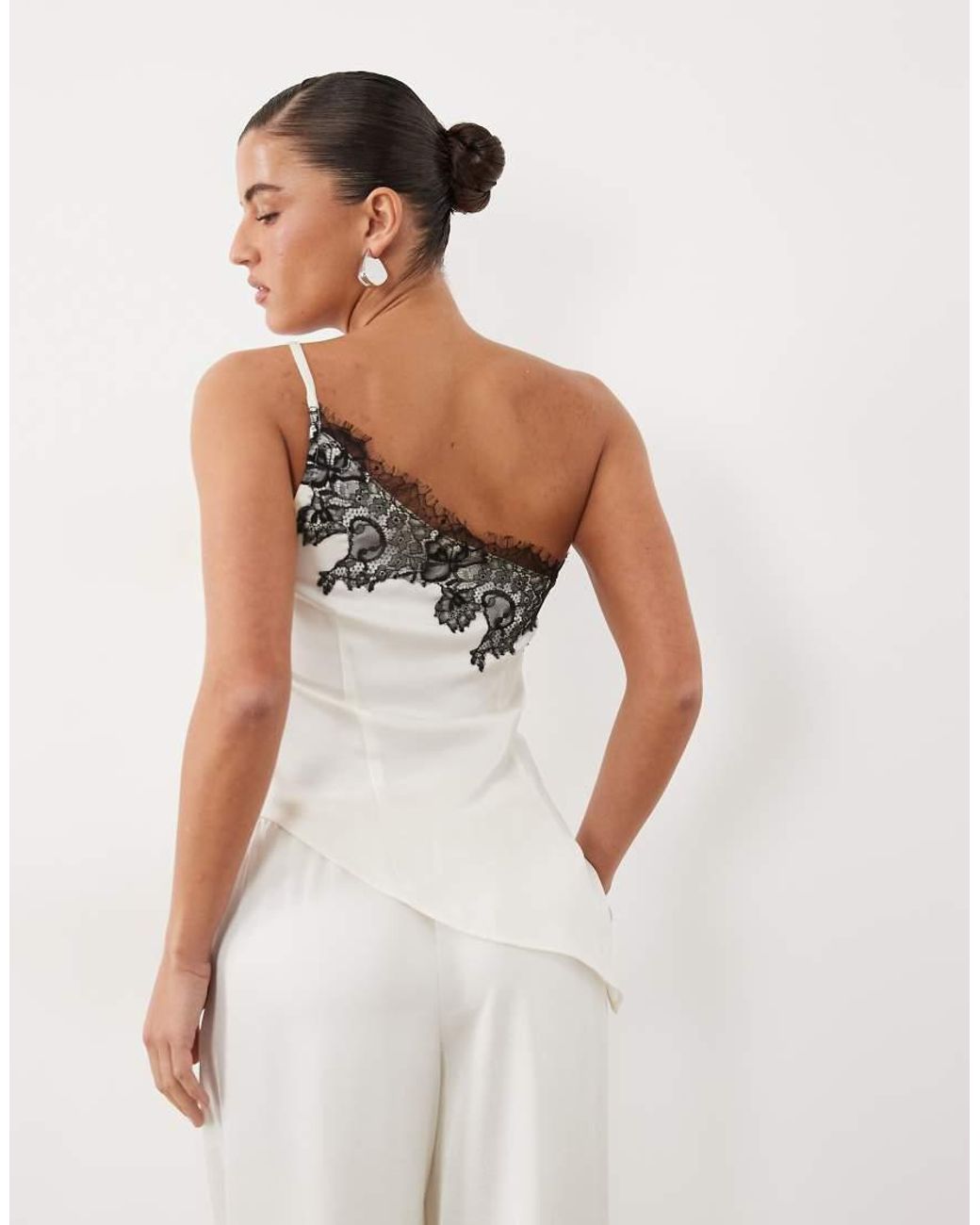 The Frolic White Satin Lace Trim Asymmetric Hem Top Set