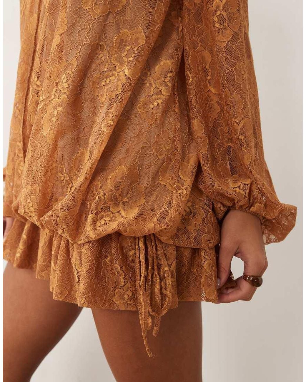 ASOS Brown Lace Mini Dress With Blouson Sleeve And Hem Detail