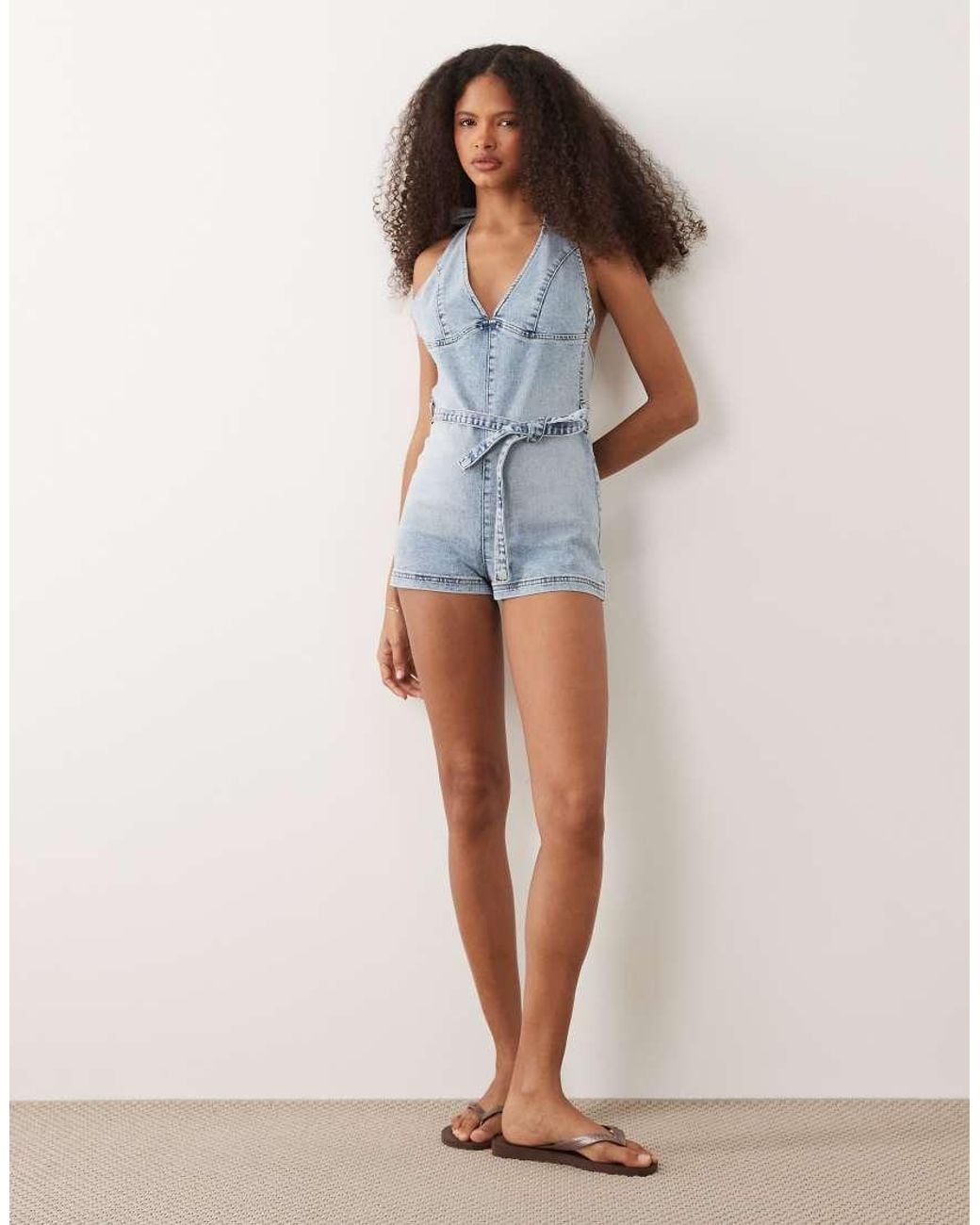 Miss Selfridge Blue Plunge Tie Waist Playsuit