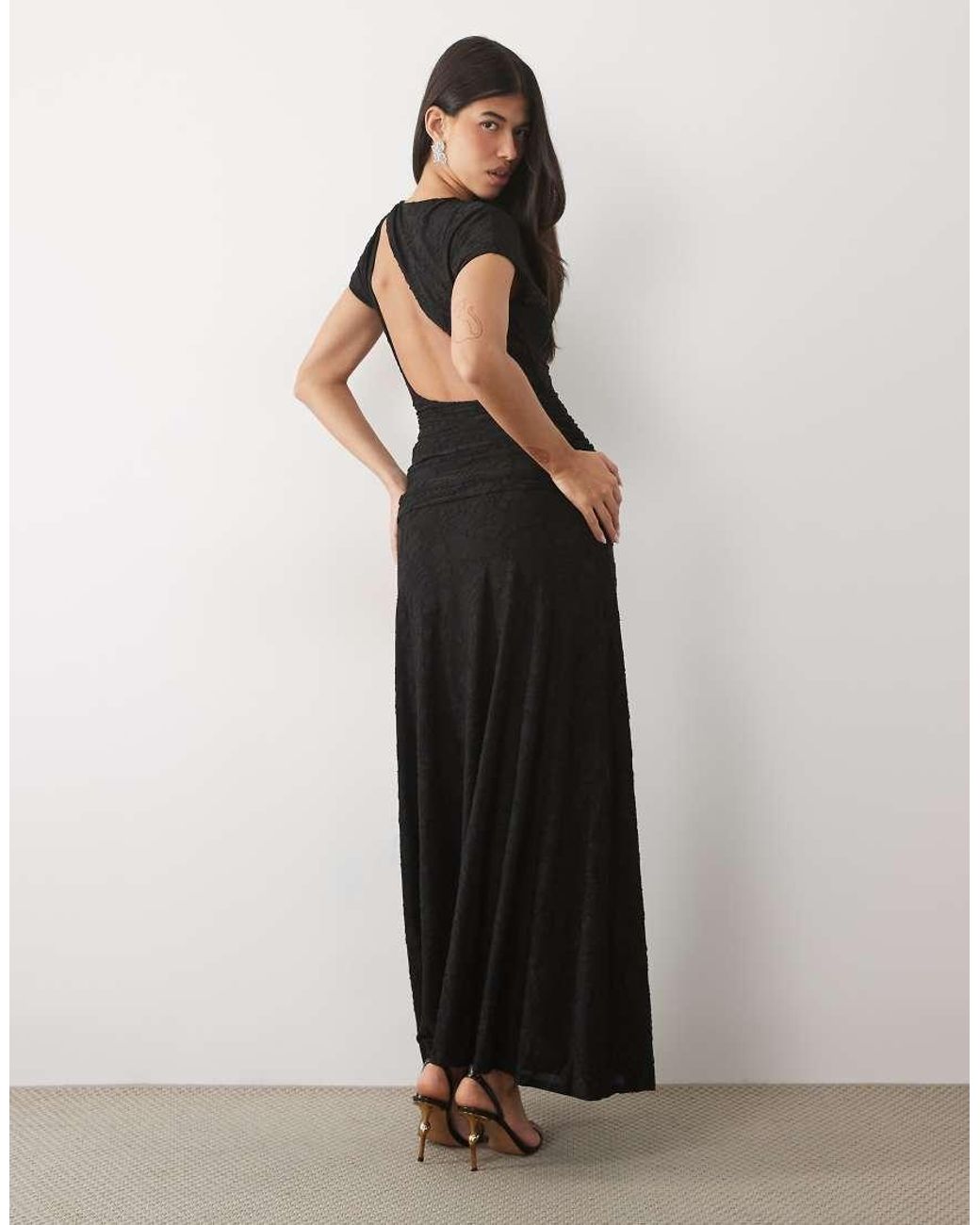 ASOS Black Devore Lace Ruched Detail Short Sleeve Maxi Dress