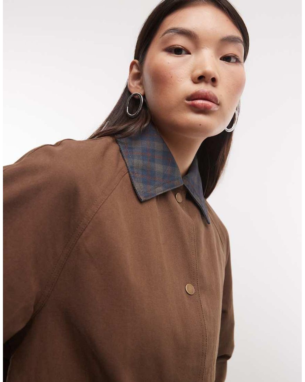 Reclaimed Vintage Brown Short Waxed Mac With Check Collar And Cuffs