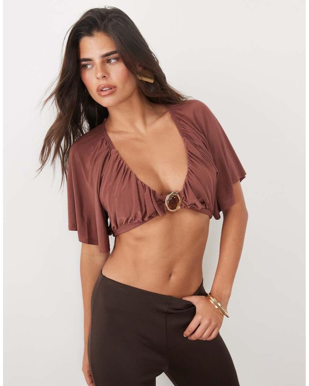 ASOS Brown Ruched Floaty Crop Top With Shell Detail