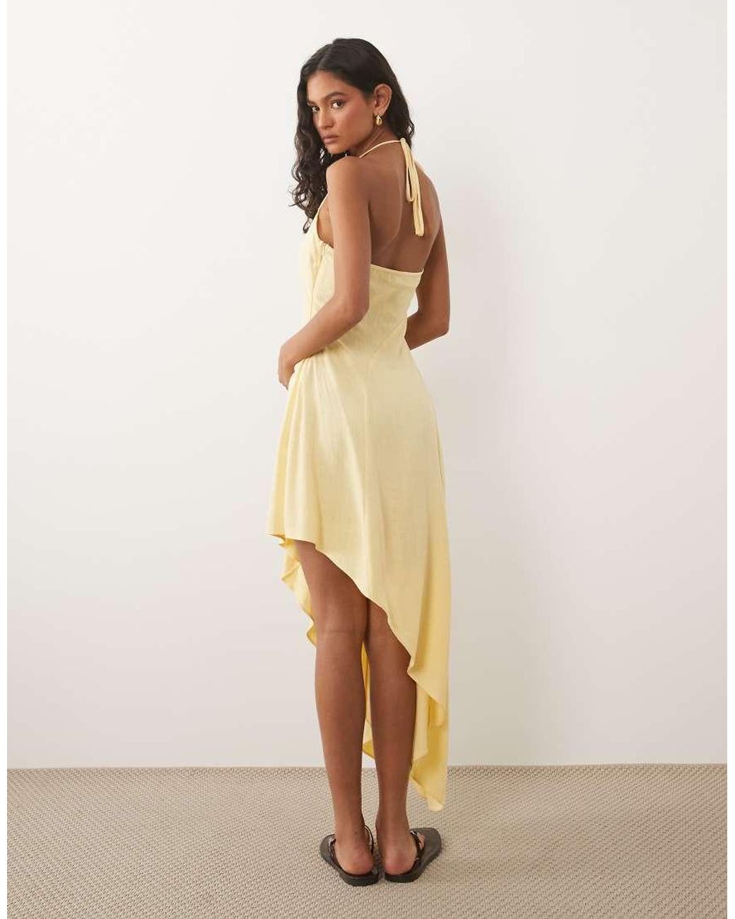 ASOS Natural Linen Blend Halter Seam Detail Midi Dress