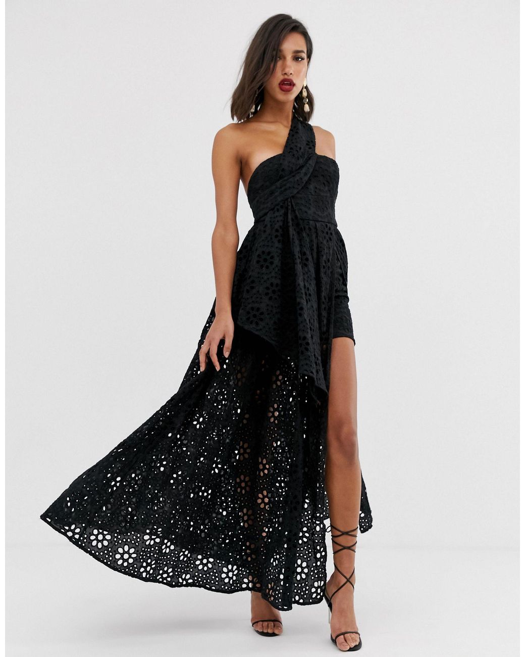 ASOS Broderie Dress With Maxi Skirt Overlay in Black | Lyst